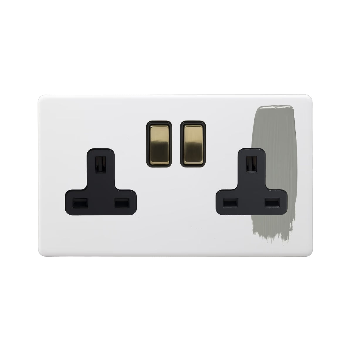 Soho Lighting 2 Gang Double Pole Socket Single 13A Paintable with Brushed Brass Detail & Black Insert Uneeka