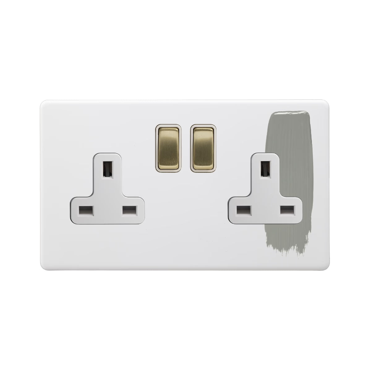 Soho Lighting 2 Gang Double Pole Socket Single 13A Paintable with Brushed Brass White Insert Uneeka