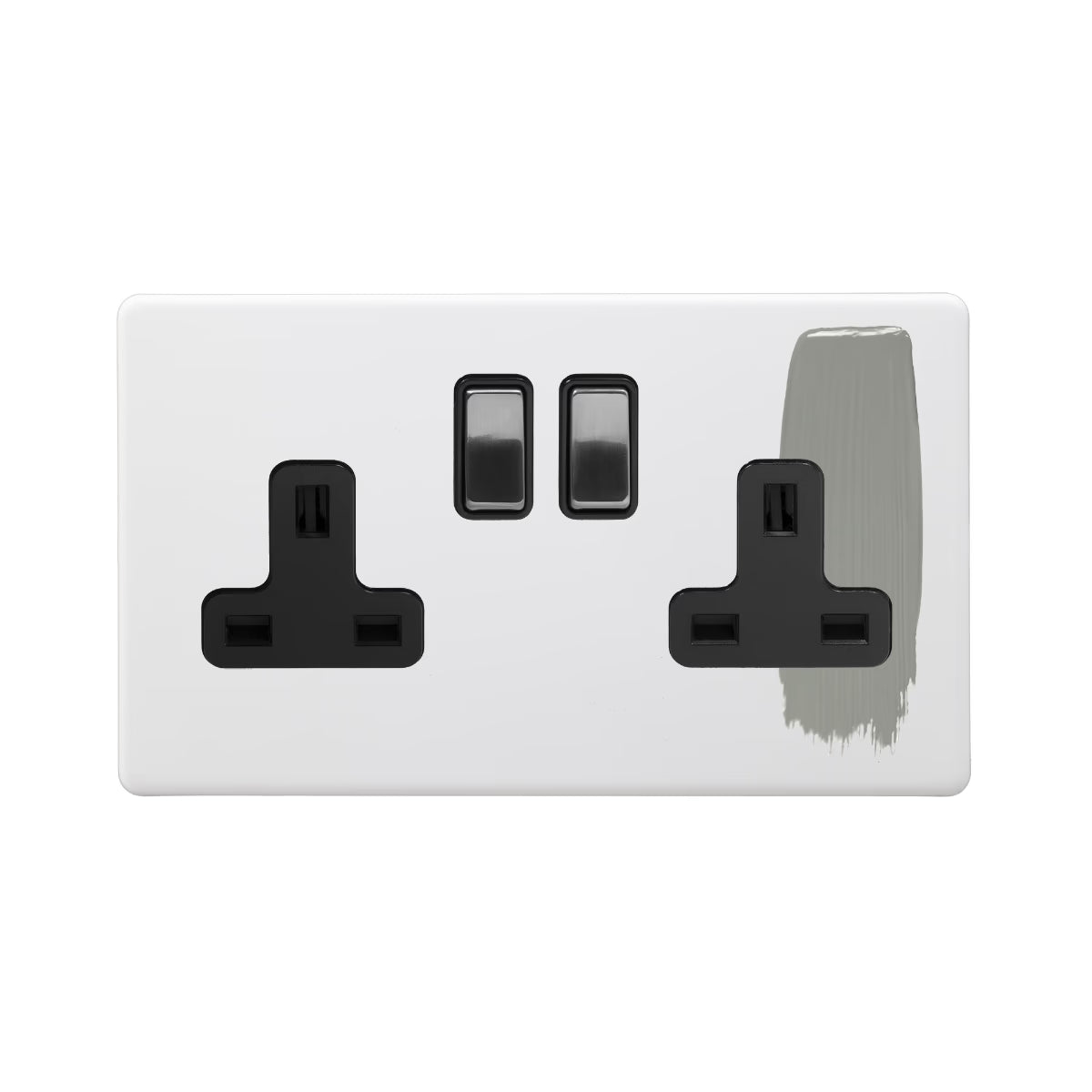 Soho Lighting 2 Gang Double Pole Socket Single 13A Paintable with Brushed Chrome Detail & Black Insert Uneeka