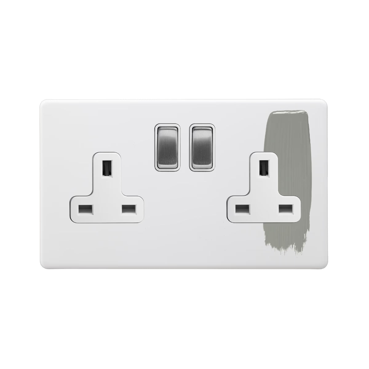 Soho Lighting 2 Gang Double Pole Socket Single 13A Paintable with Brushed Chrome and White Insert Uneeka