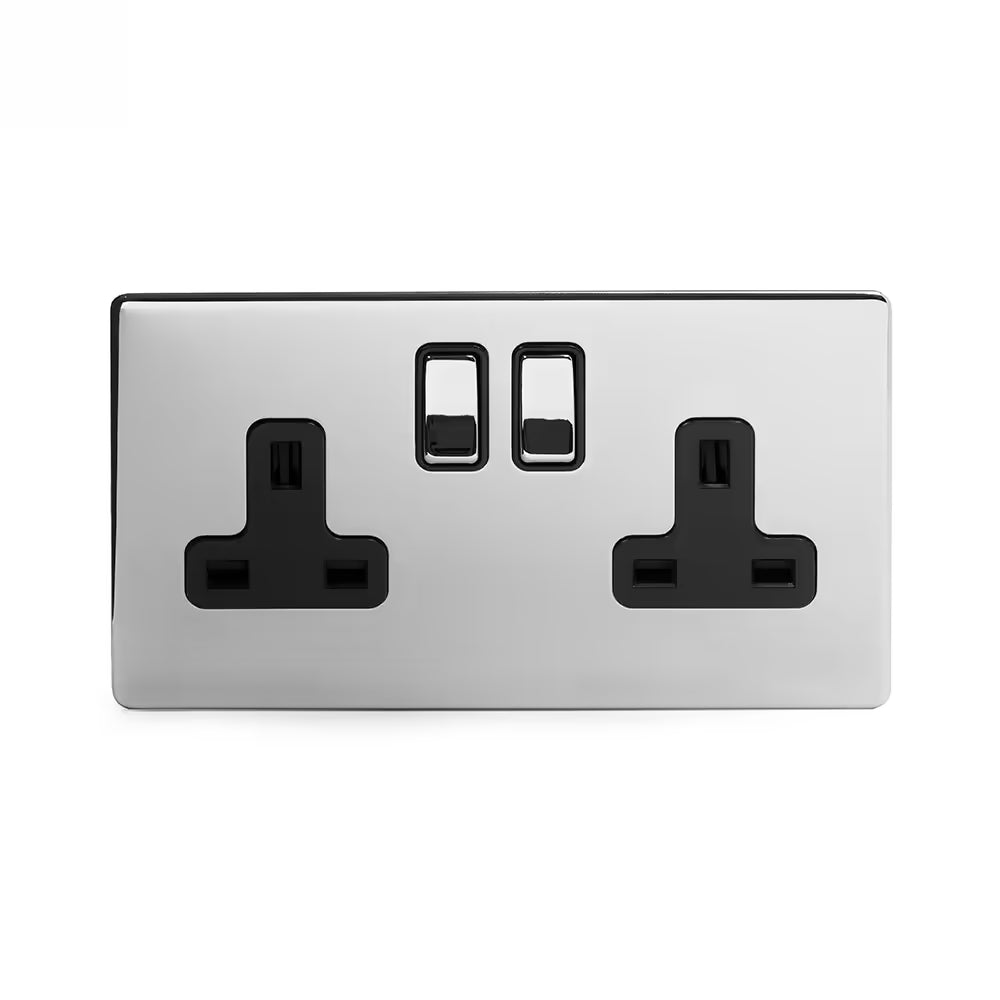 Soho Lighting 2 Gang Double Pole Socket Single 13A Polished Chrome with Black insert Uneeka