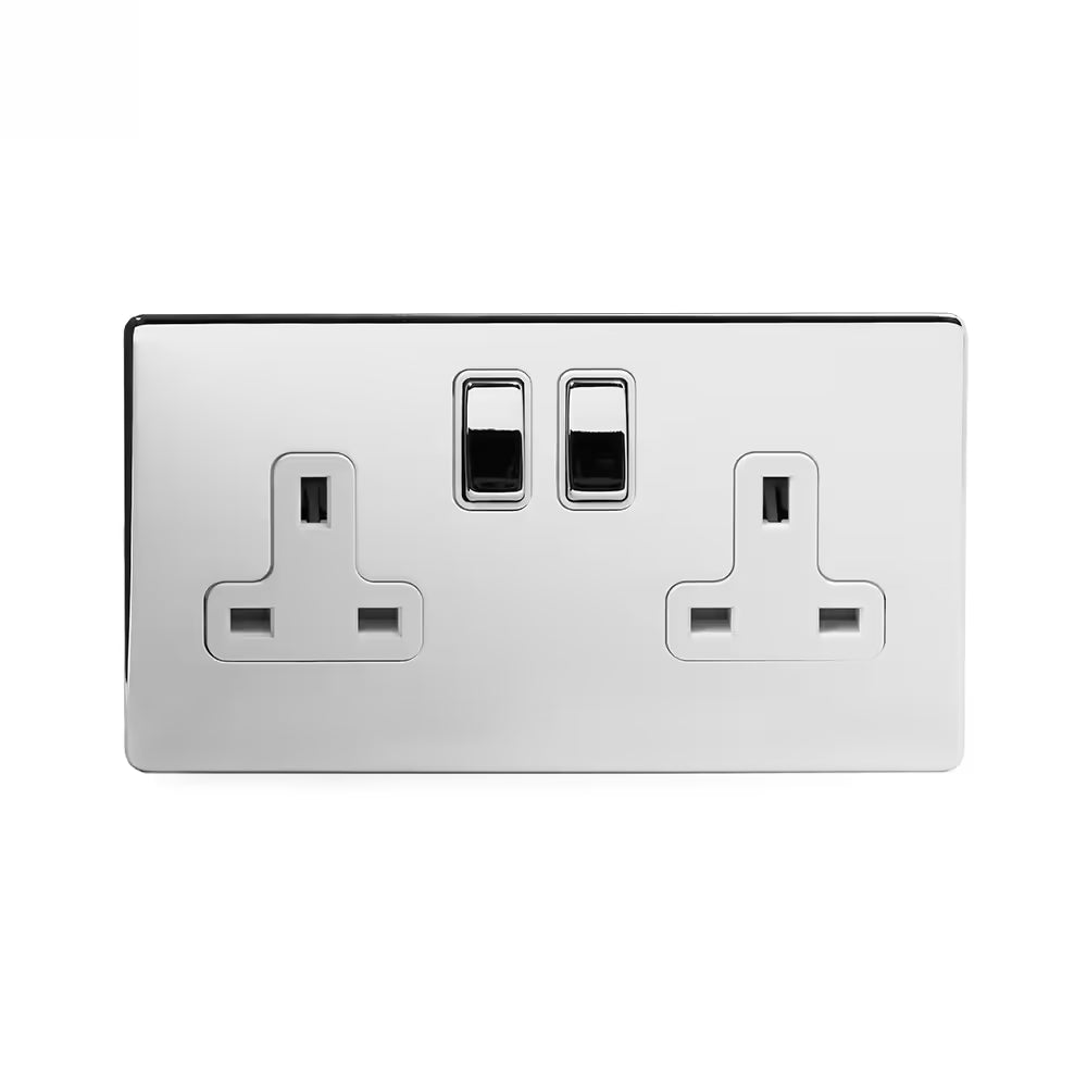 Soho Lighting 2 Gang Double Pole Socket Single 13A Polished Chrome with White Insert Uneeka