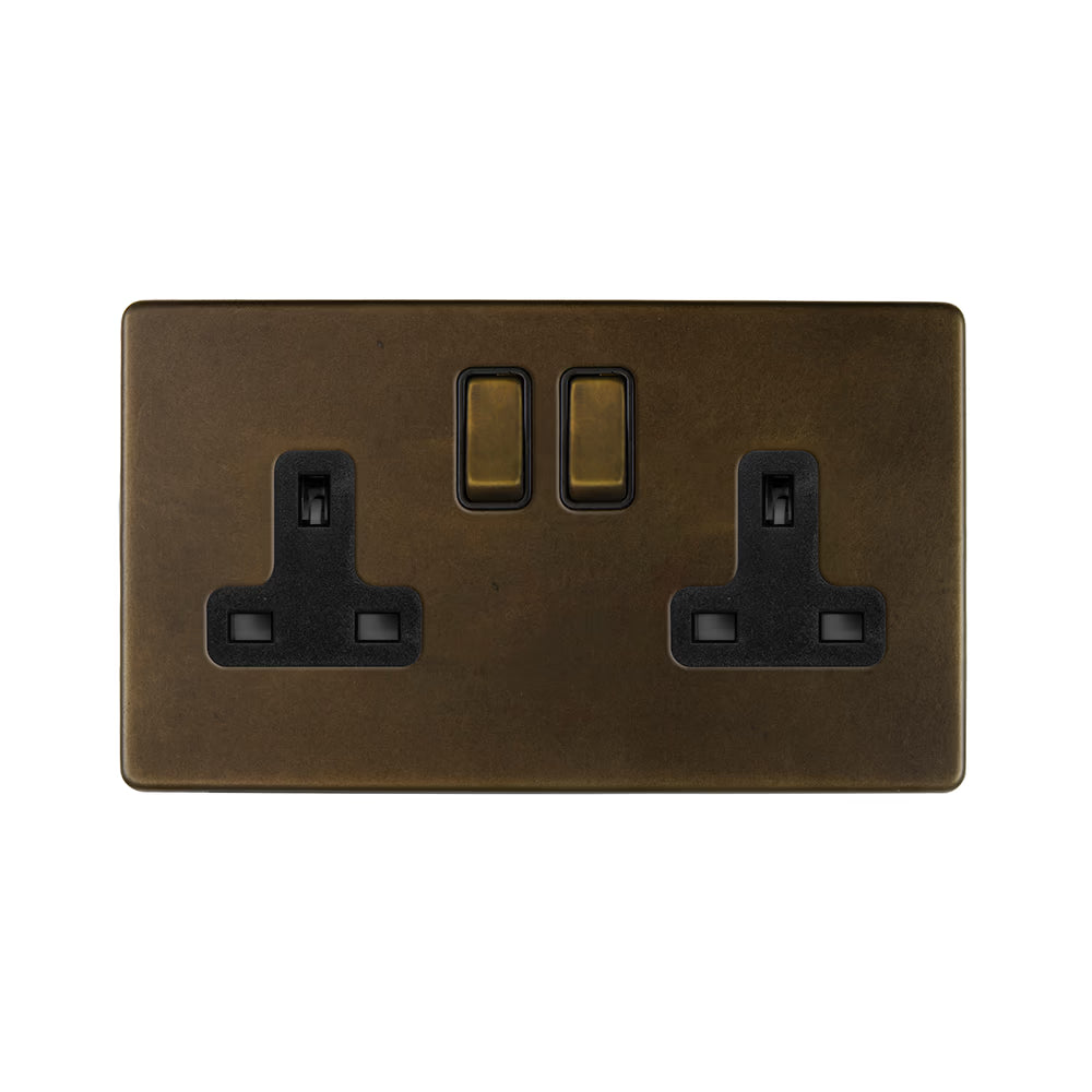 Soho Lighting 2 Gang Double Pole Socket Single 13A Vintage Brass Uneeka