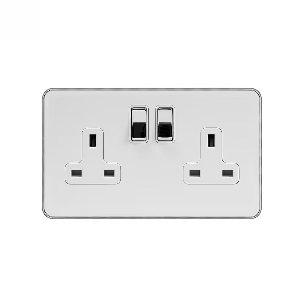 Soho Lighting 2 Gang Double Pole Socket Single 13A White Metal & Polished Chrome with White Insert Uneeka