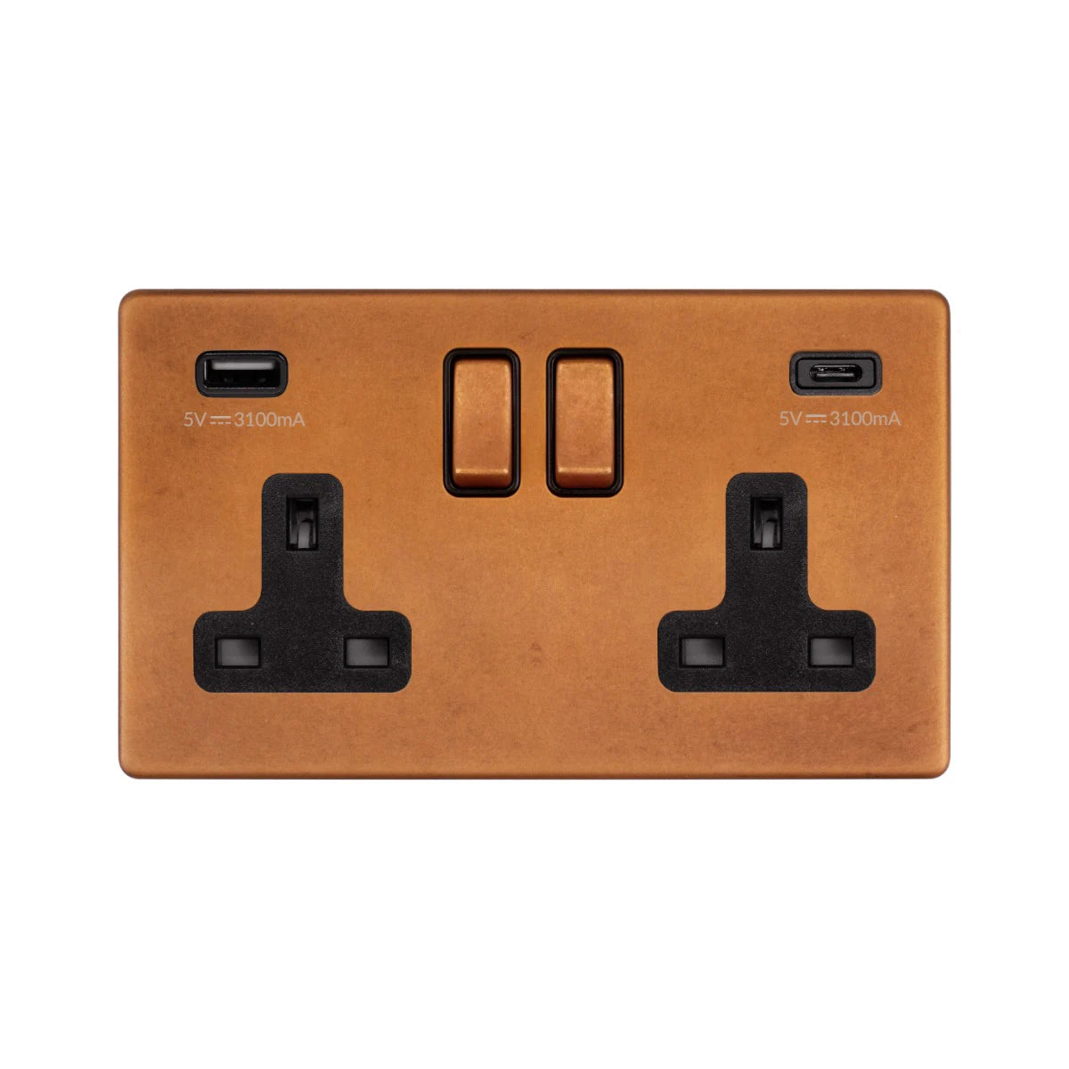 Soho Lighting 2 Gang & 2 USB Ports A+C 13A Socket Antique Copper with Black Insert Uneeka