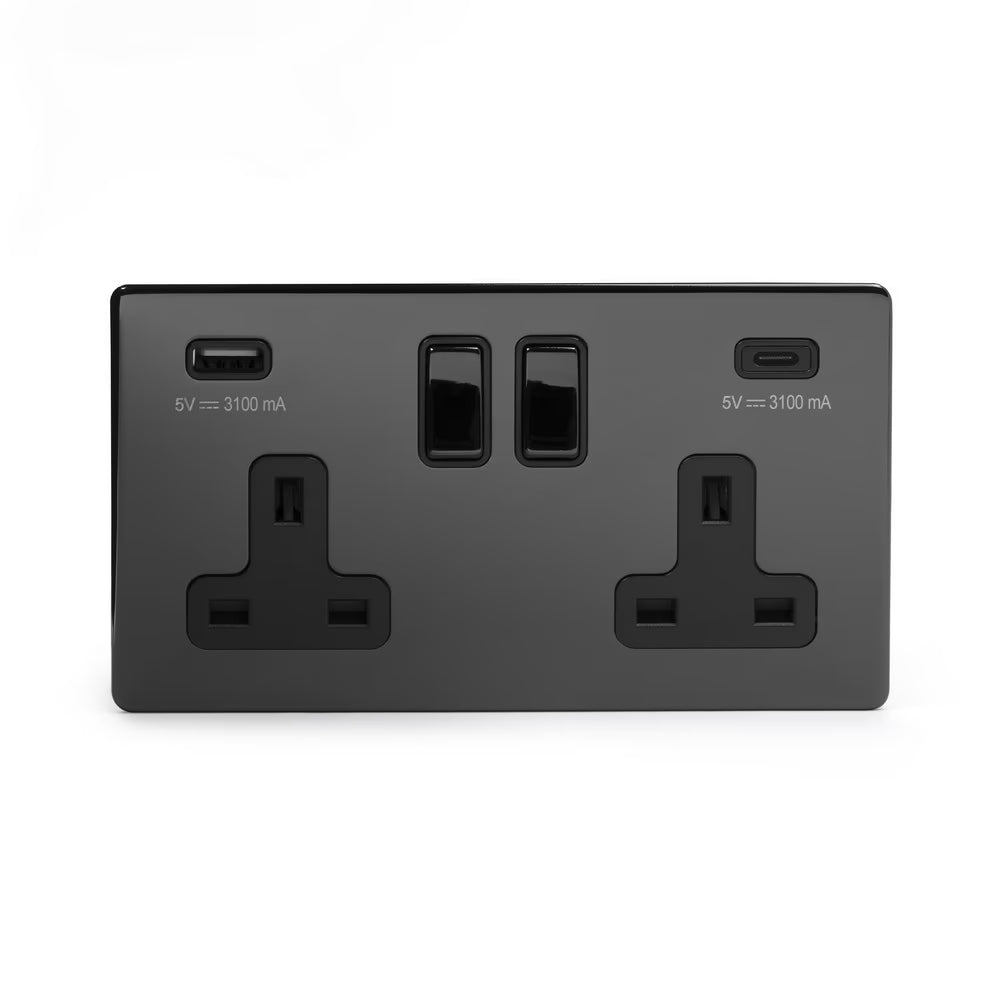 Soho Lighting 2 Gang & 2 USB Ports A+C 13A Socket Black Nickel with Black Insert Uneeka