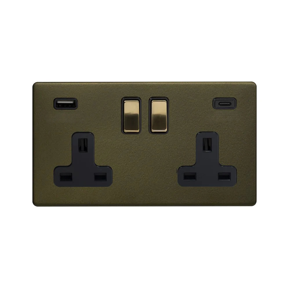 Soho Lighting 2 Gang & 2 USB Ports A+C 13A Socket Bronze & Brushed Brass Uneeka