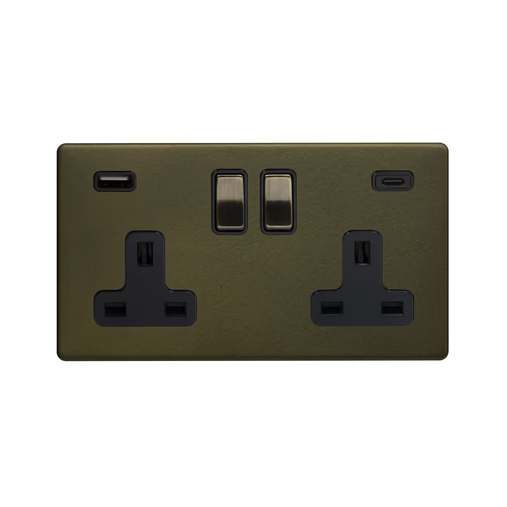 Soho Lighting 2 Gang & 2 USB Ports A+C 13A Socket Bronze with Black Insert Screwless Finish Uneeka