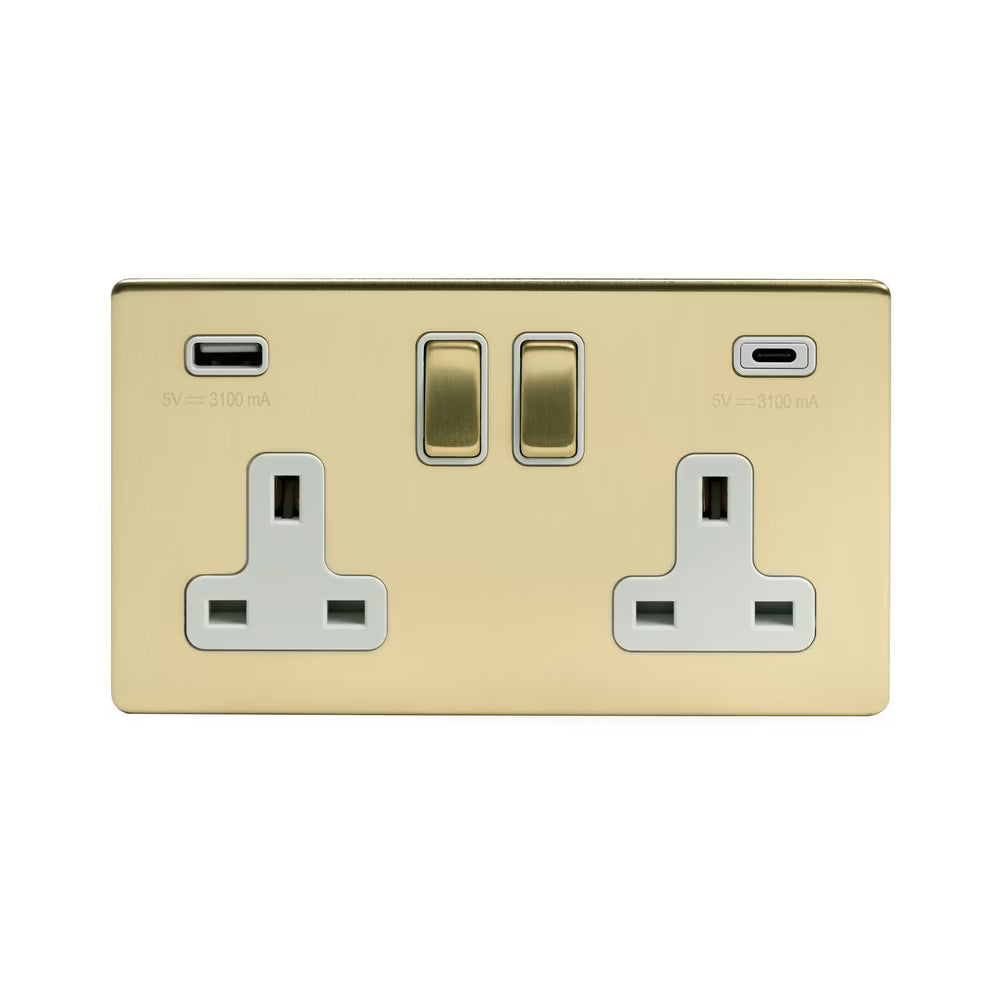 Soho Lighting 2 Gang & 2 USB Ports A+C 13A Socket Brushed Brass with White Insert Screwless Finish Uneeka