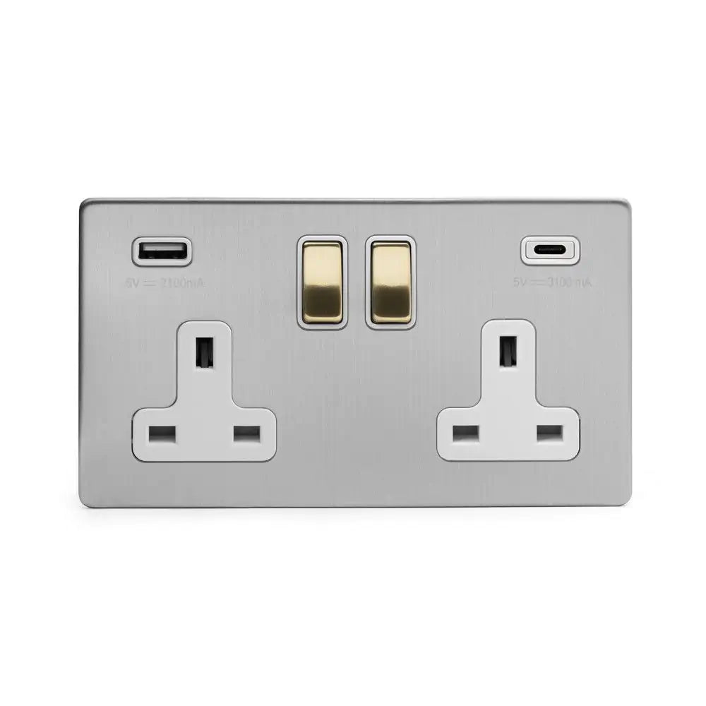 Soho Lighting 2 Gang & 2 USB Ports A+C 13A Socket Brushed Chrome & Brushed Brass Uneeka