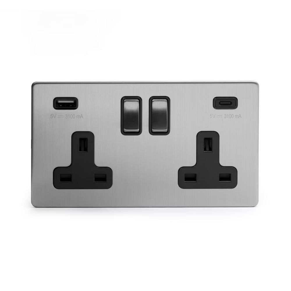 Soho Lighting 2 Gang & 2 USB Ports A+C 13A Socket Brushed Chrome with Black Insert Screwless Finish Uneeka
