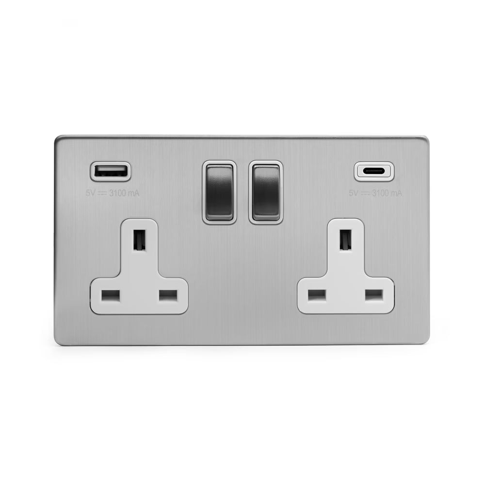 Soho Lighting 2 Gang & 2 USB Ports A+C 13A Socket Brushed Chrome with White Insert Screwless Finish Uneeka