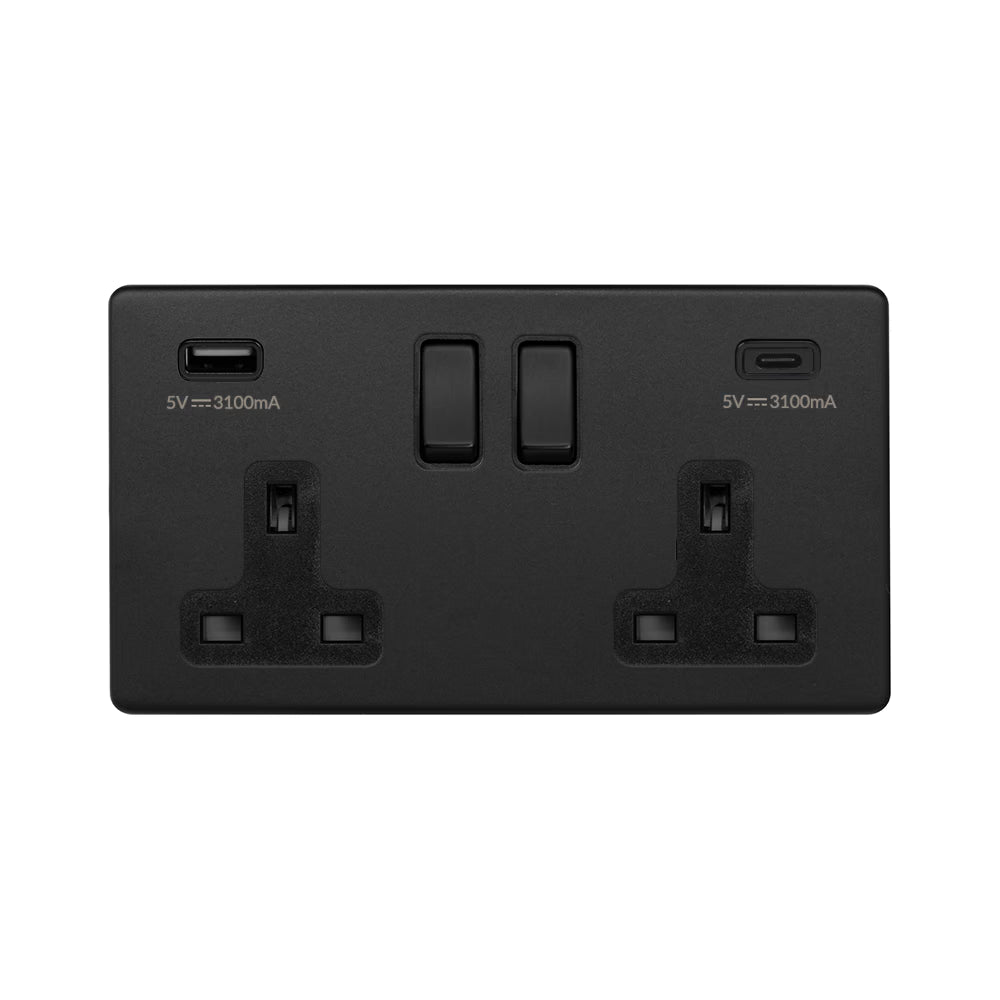 Soho Lighting 2 Gang & 2 USB Ports A+C 13A Socket Matt Black Black Insert Uneeka