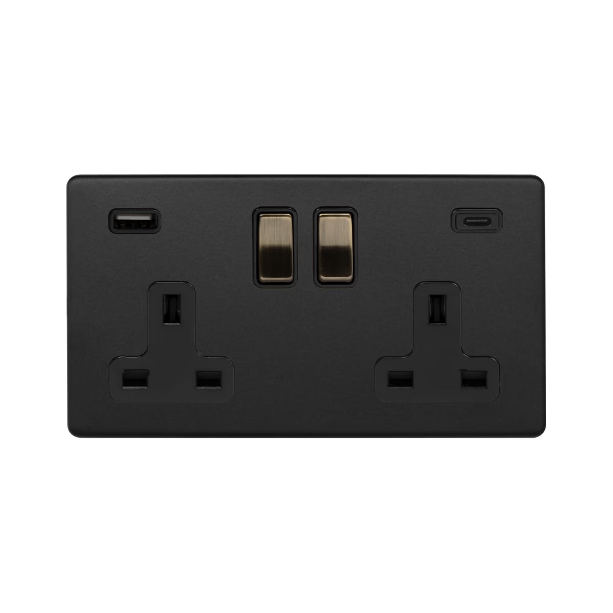 Soho Lighting 2 Gang & 2 USB Ports A+C 13A Socket Matt Black & Antique Brass Uneeka