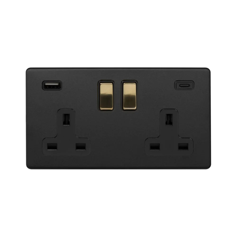 Soho Lighting 2 Gang & 2 USB Ports A+C 13A Socket Matt Black & Brushed Brass Uneeka