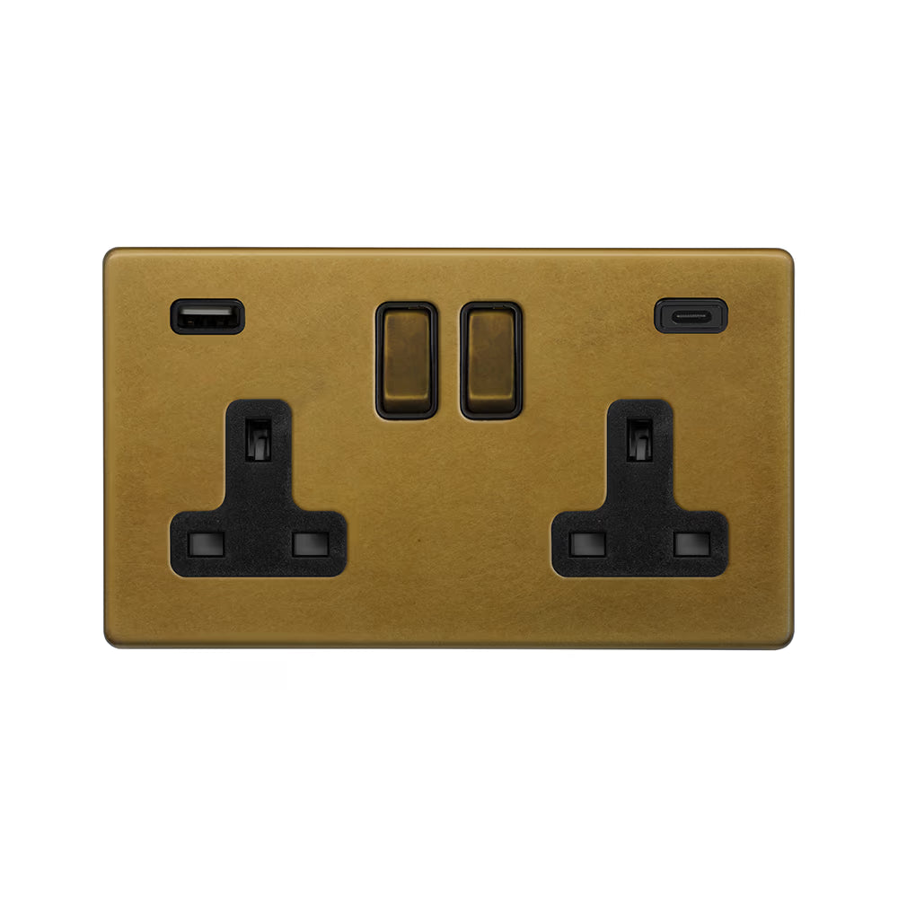 Soho Lighting 2 Gang & 2 USB Ports A+C 13A Socket Old Brass Uneeka
