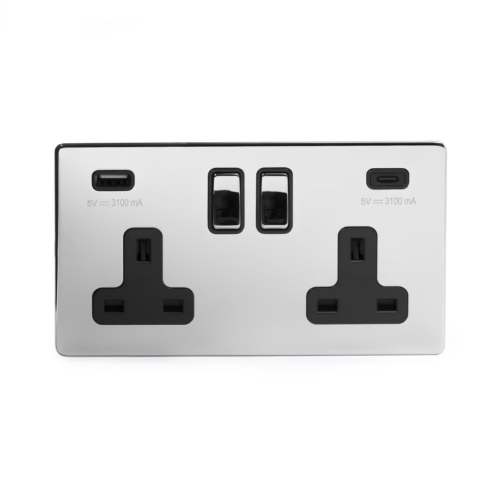 Soho Lighting 2 Gang & 2 USB Ports A+C 13A Socket Polished Chrome with Black Insert Screwless Finish Uneeka