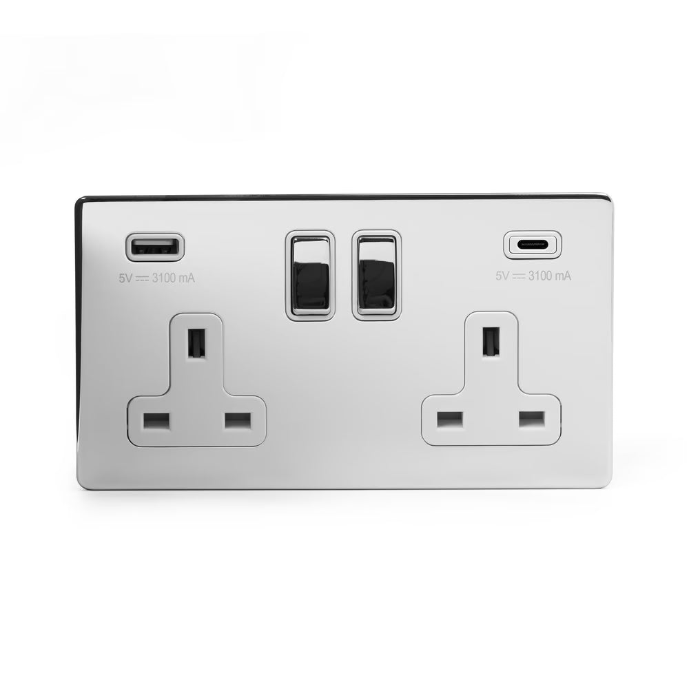 Soho Lighting 2 Gang & 2 USB Ports A+C 13A Socket Polished Chrome with White Insert Uneeka