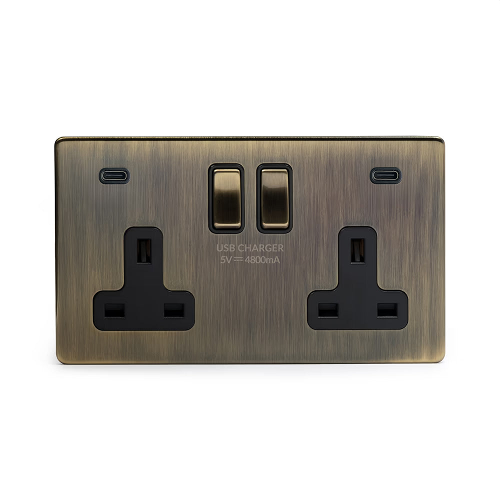 Soho Lighting 2 Gang & 2 USB Ports C+C 13A Socket Antique Brass Uneeka