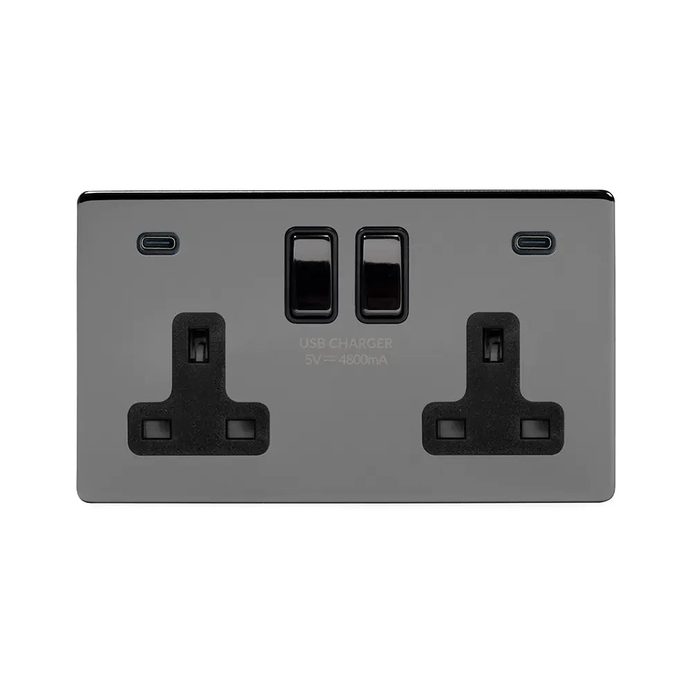 Soho Lighting 2 Gang & 2 USB Ports C+C 13A Socket Black Nickel Uneeka