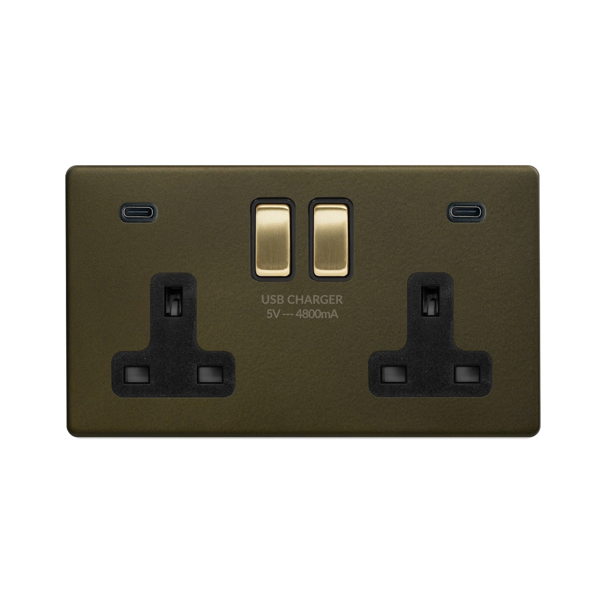 Soho Lighting 2 Gang & 2 USB Ports C+C 13A Socket Bronze & Brushed Brass Black Insert Uneeka