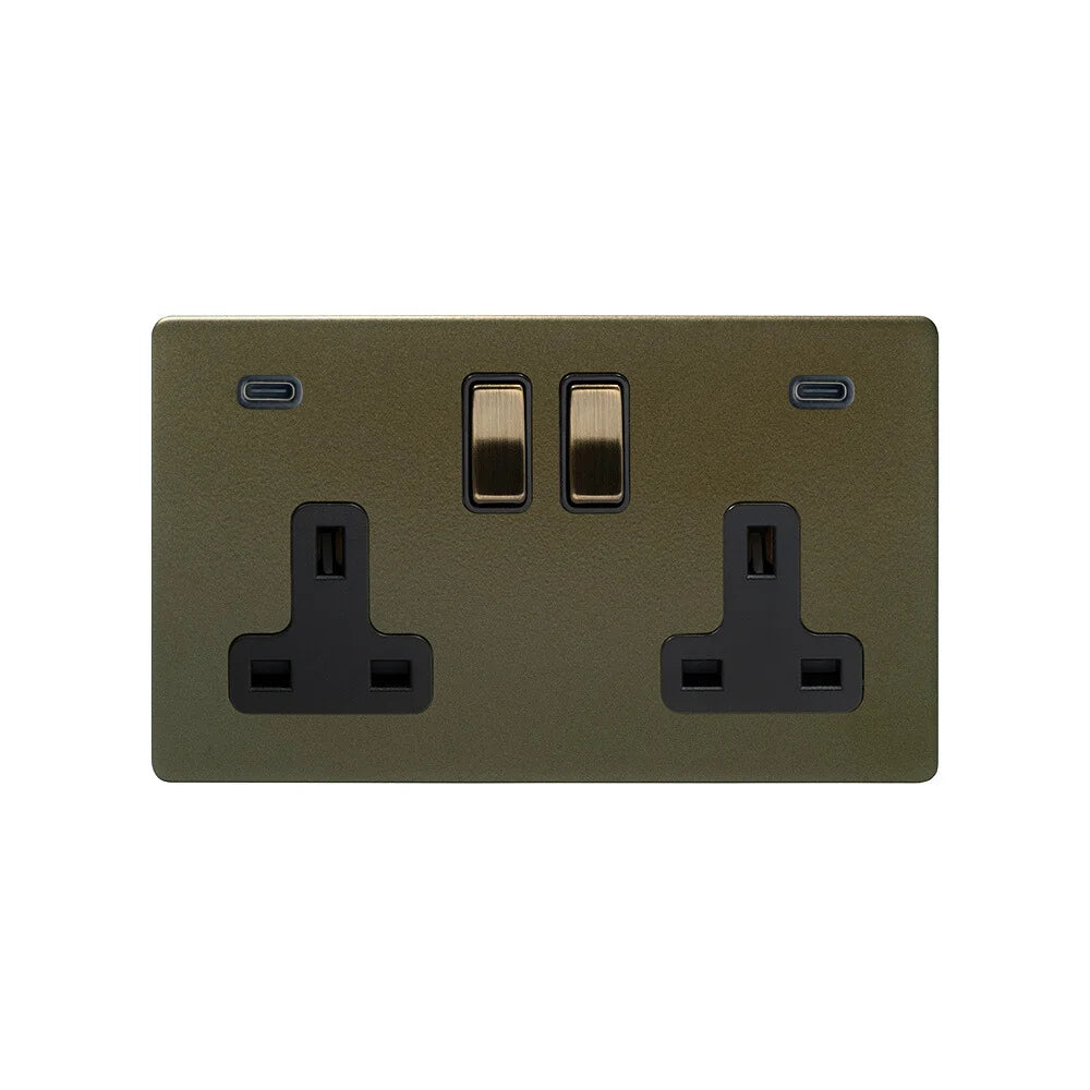 Soho Lighting 2 Gang & 2 USB Ports C+C 13A Socket Bronze with Black Insert Uneeka