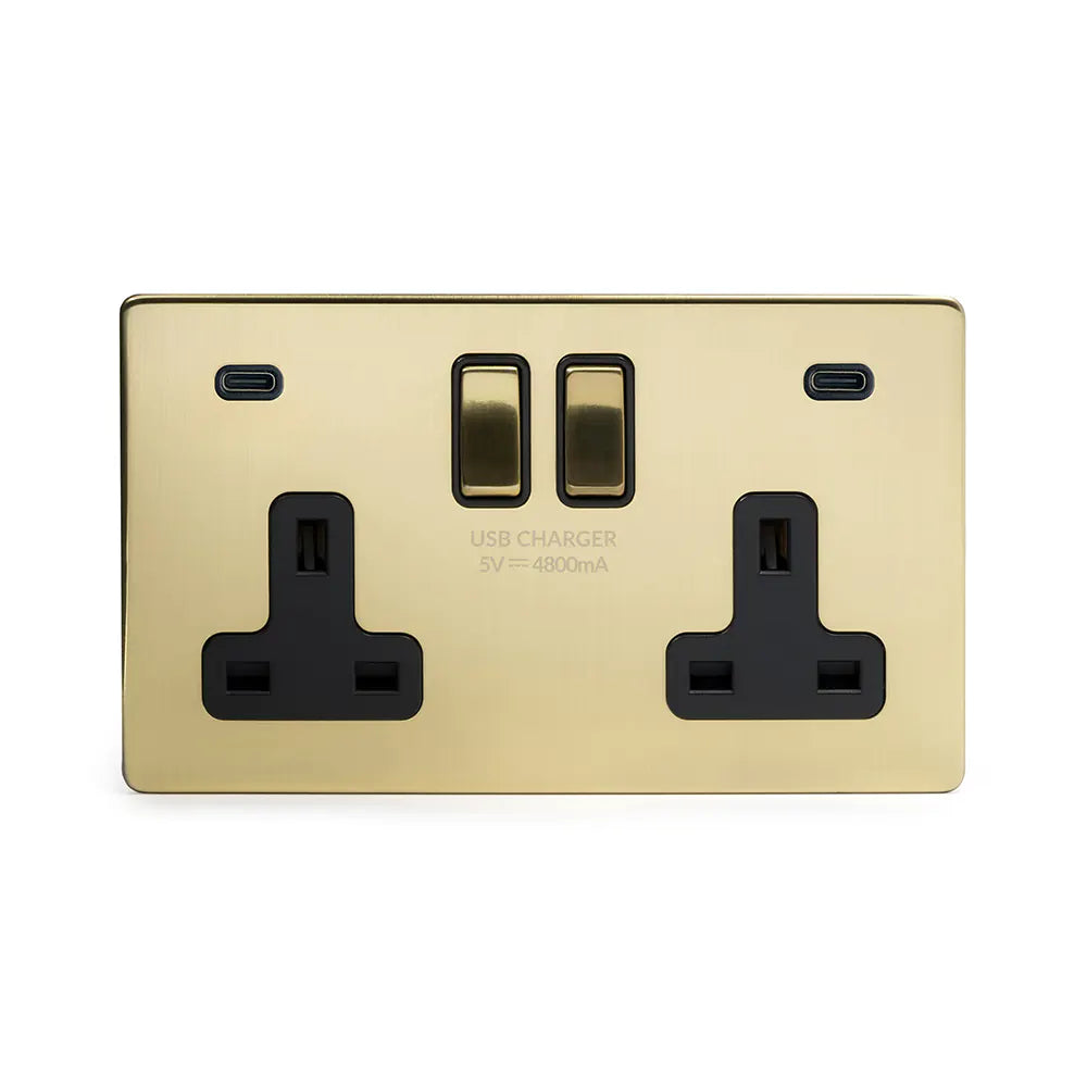 Soho Lighting 2 Gang & 2 USB Ports C+C 13A Socket Brushed Brass with Black Insert Uneeka