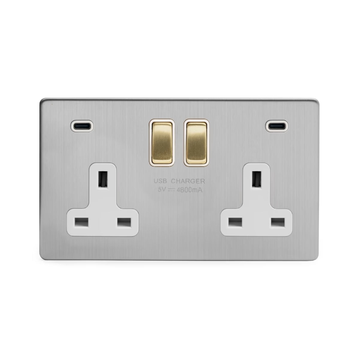 Soho Lighting 2 Gang & 2 USB Ports C+C 13A Socket Brushed Chrome & Brushed Brass White Insert Uneeka