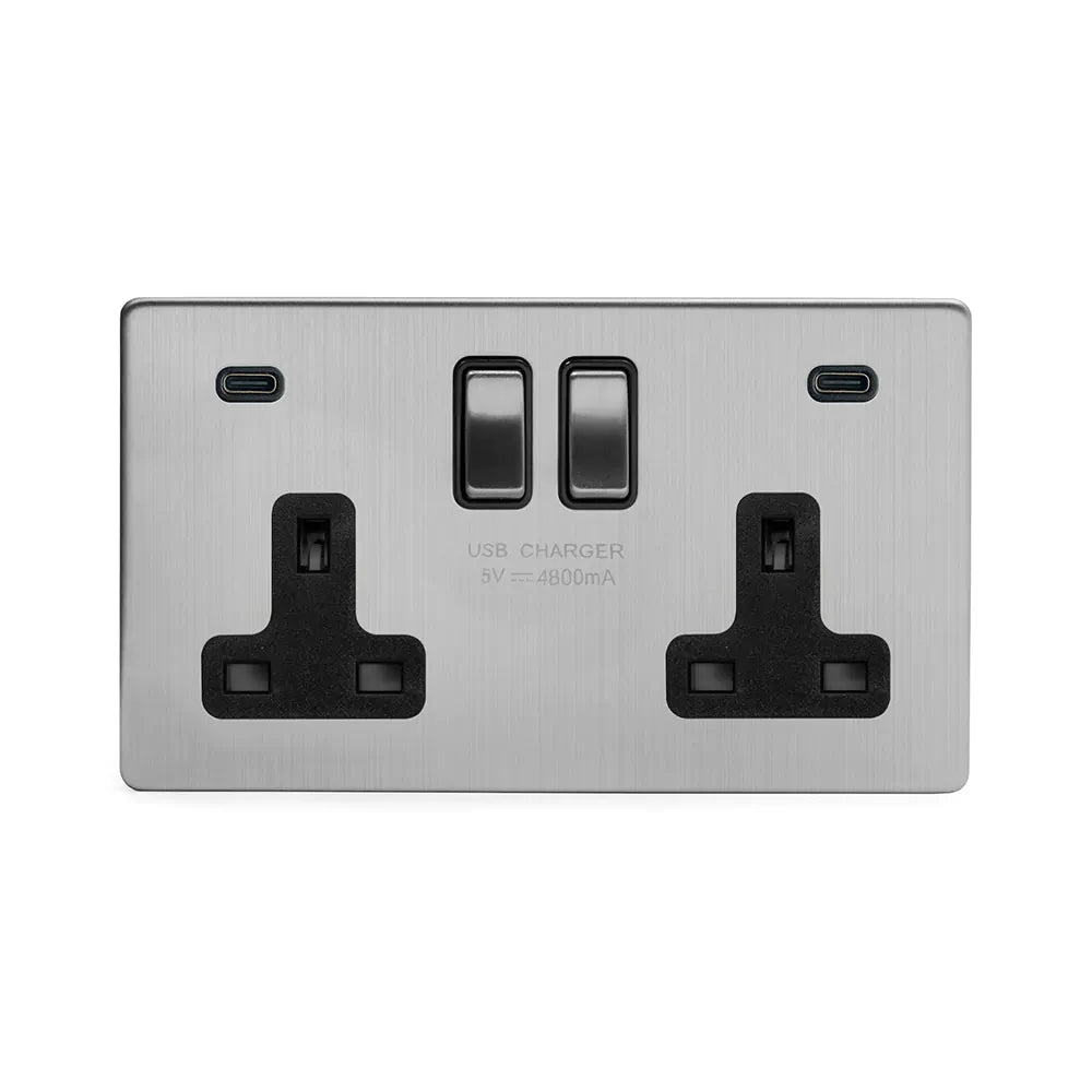 Soho Lighting 2 Gang & 2 USB Ports C+C 13A Socket Brushed Chrome with Black Insert Uneeka