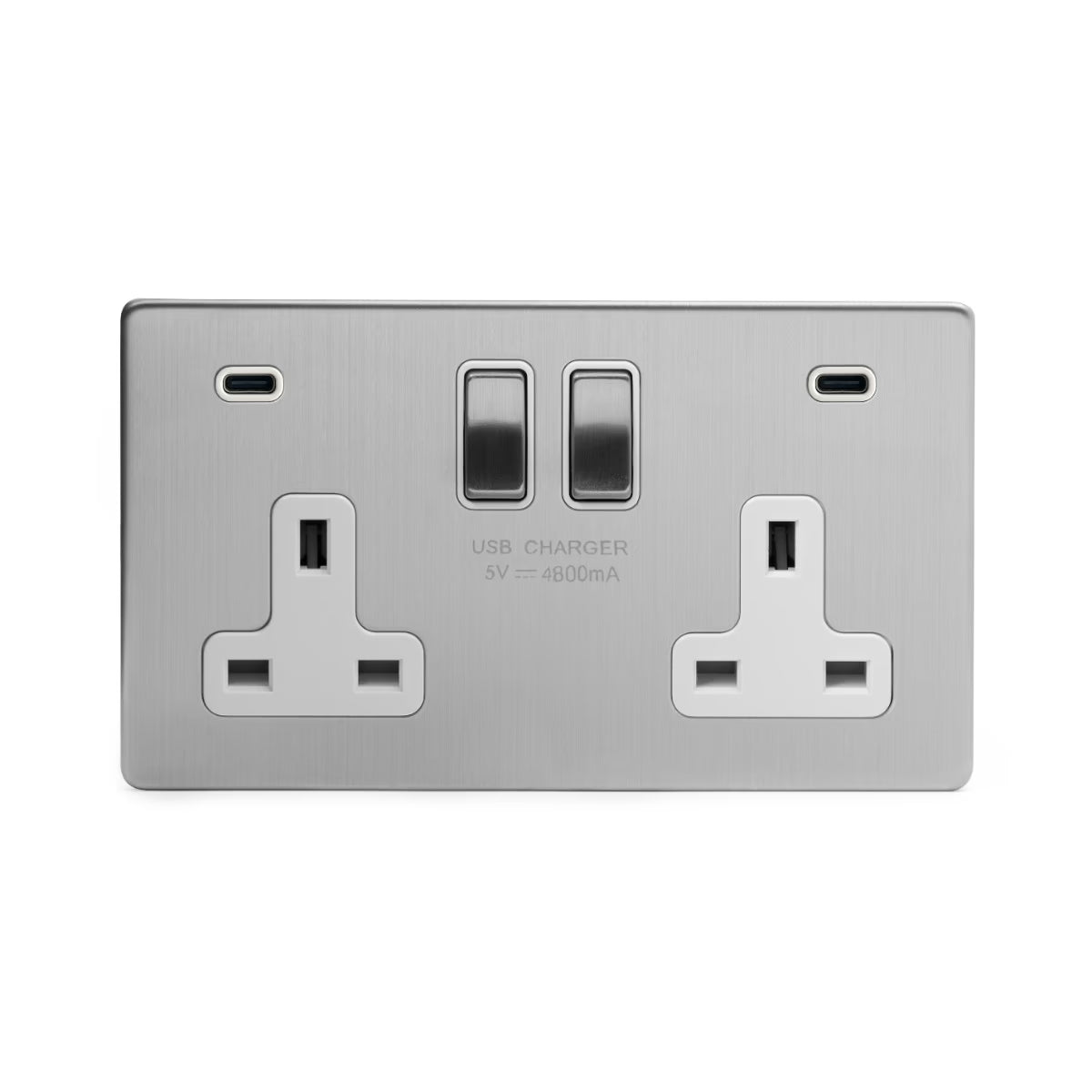 Soho Lighting 2 Gang & 2 USB Ports C+C 13A Socket Brushed Chrome with White Insert Uneeka