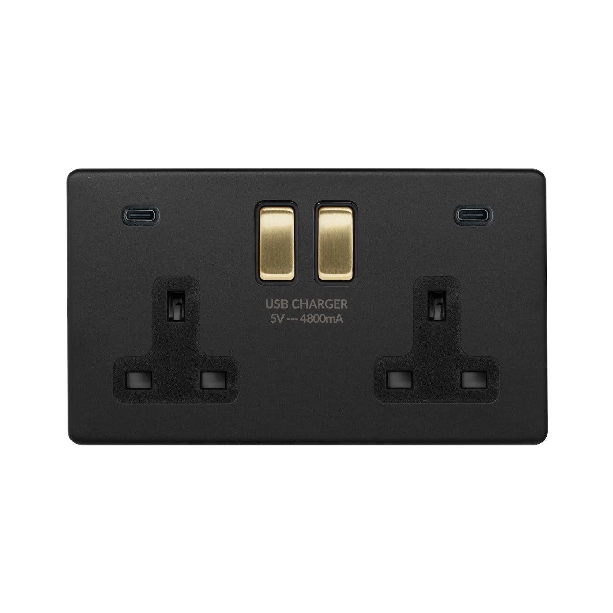 Soho Lighting 2 Gang & 2 USB Ports C+C 13A Socket Matt Black & Brushed Brass with Black Insert Uneeka