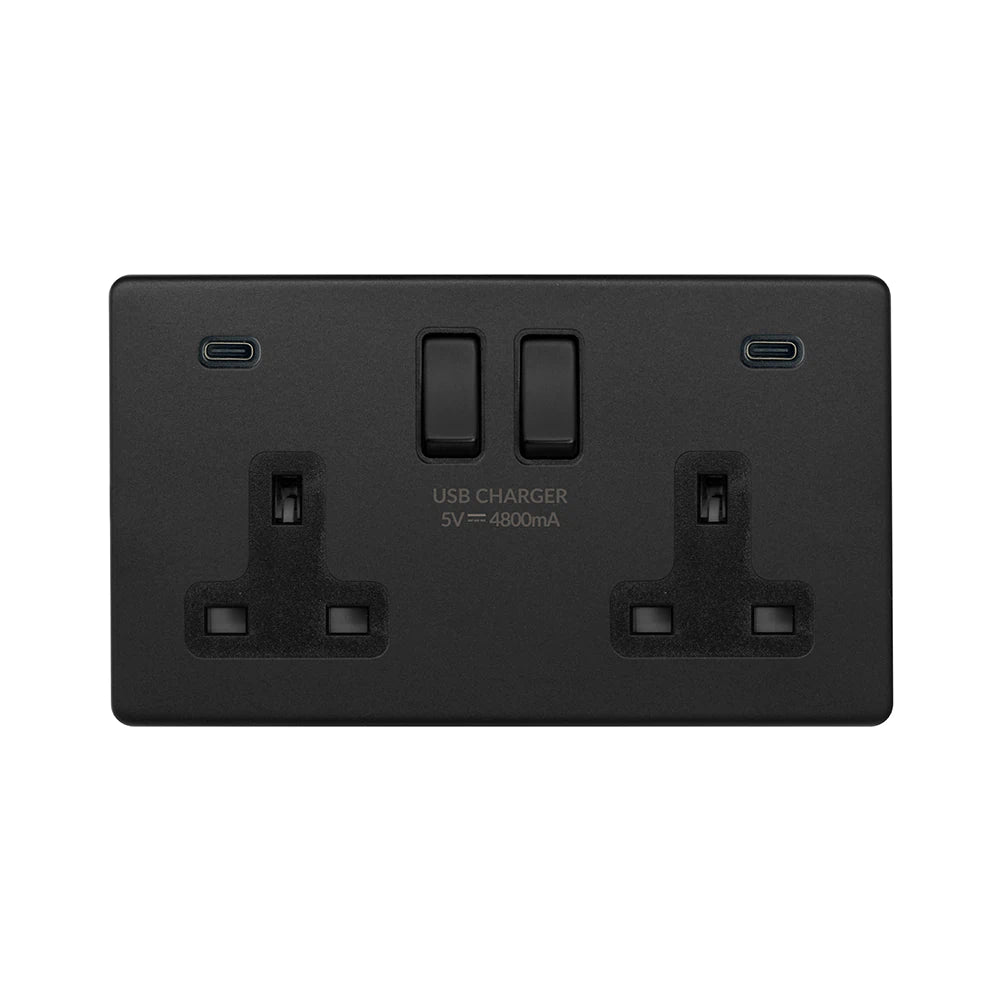 Soho Lighting 2 Gang & 2 USB Ports C+C 13A Socket Matt Black with Black Insert Uneeka