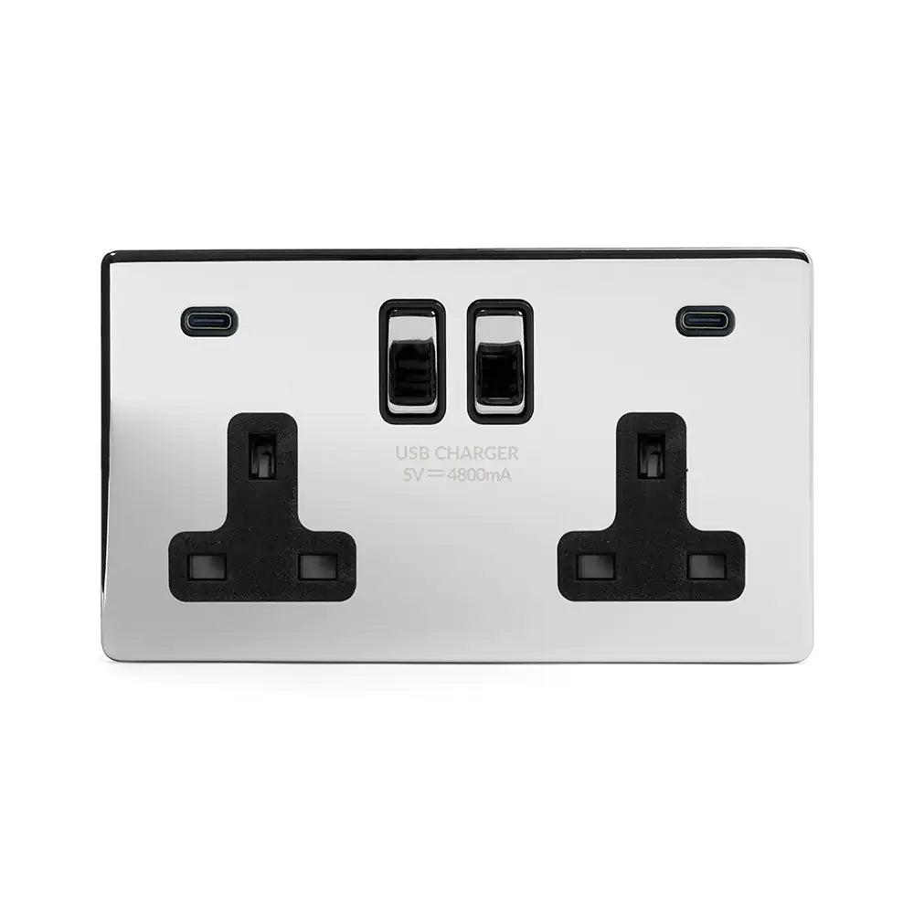 Soho Lighting 2 Gang & 2 USB Ports C+C 13A Socket Polished Chrome with Black Insert Uneeka