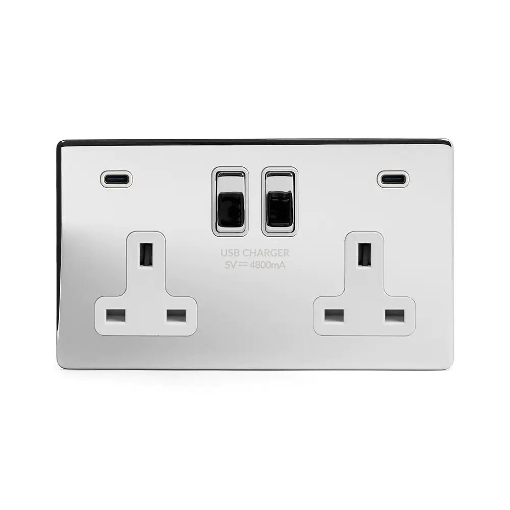 Soho Lighting 2 Gang & 2 USB Ports C+C 13A Socket Polished Chrome with White Insert Uneeka