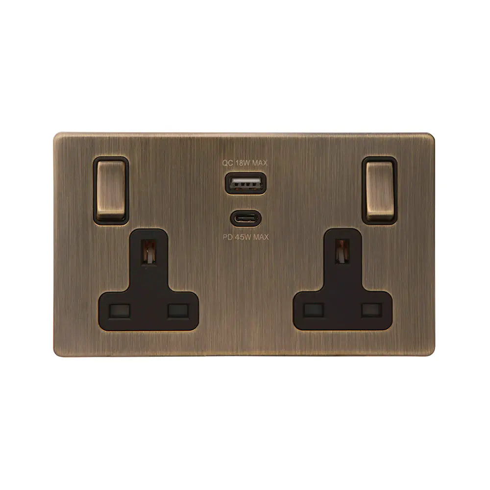 Soho Lighting 2 Gang & Super Fast Charge USB Ports A+C Socket Antique Brass Uneeka