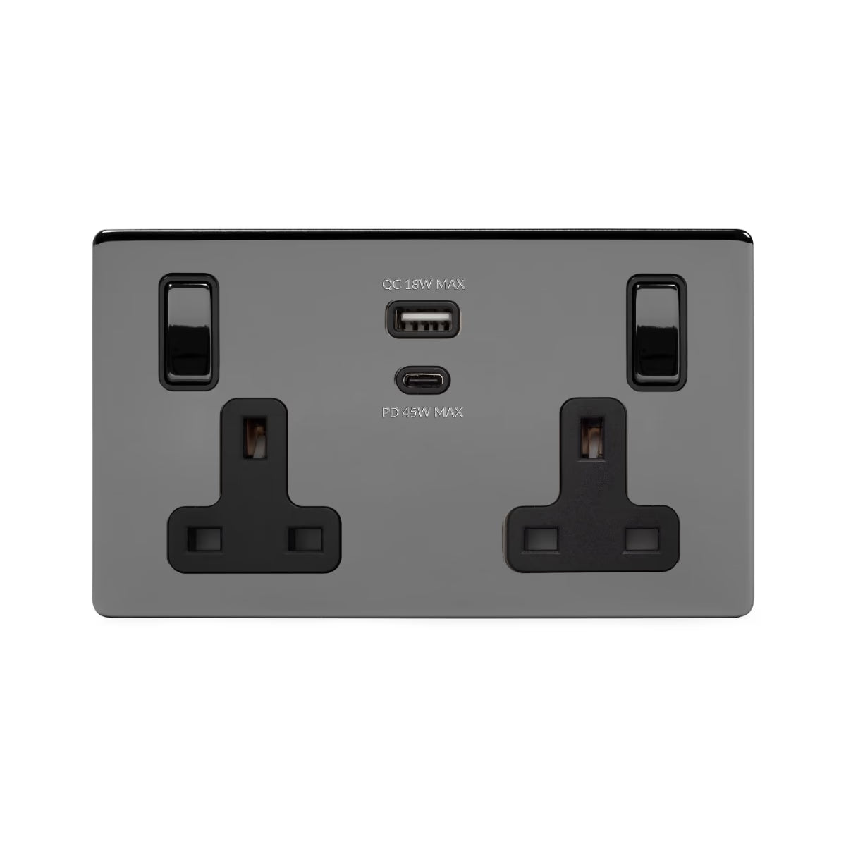 Soho Lighting 2 Gang & Super Fast Charge USB Ports A+C Socket Black Nickel & Black Insert Uneeka
