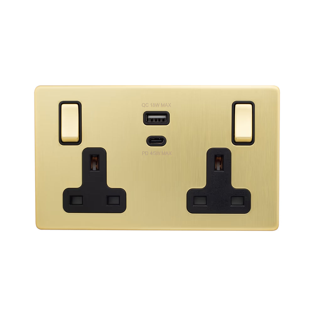 Soho Lighting 2 Gang & Super Fast Charge USB Ports A+C Socket Brushed Brass with Black Insert Uneeka