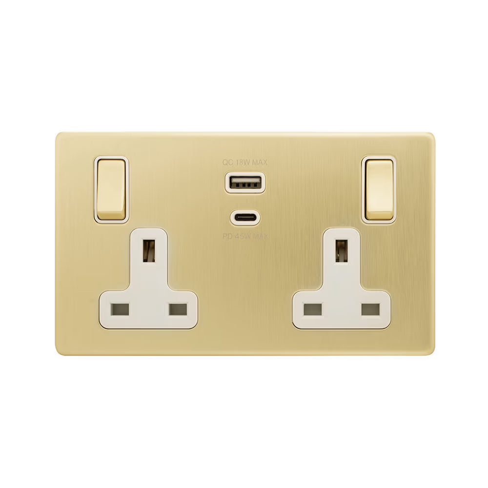 Soho Lighting 2 Gang & Super Fast Charge USB Ports A+C Socket Brushed Brass with White Insert Uneeka