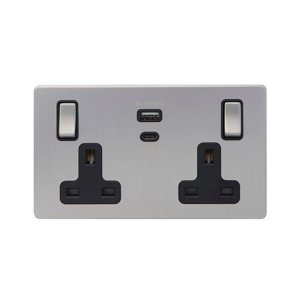 Soho Lighting 2 Gang & Super Fast Charge USB Ports A+C Socket Brushed Chrome with Black Insert Uneeka
