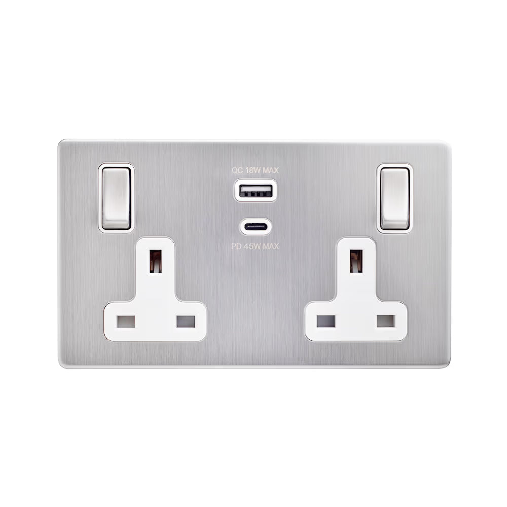Soho Lighting 2 Gang & Super Fast Charge USB Ports A+C Socket Brushed Chrome with White Insert Uneeka