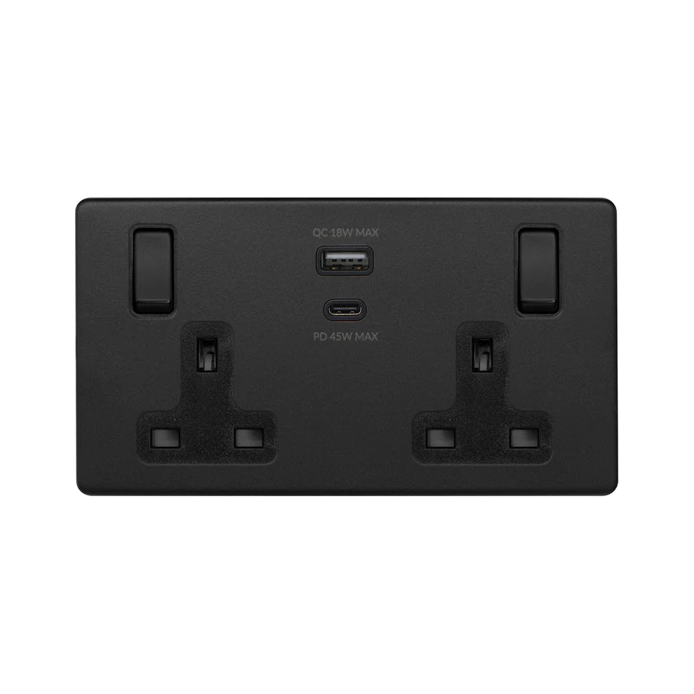Soho Lighting 2 Gang & Super Fast Charge USB Ports A+C Socket Matt Black and Black Insert Uneeka