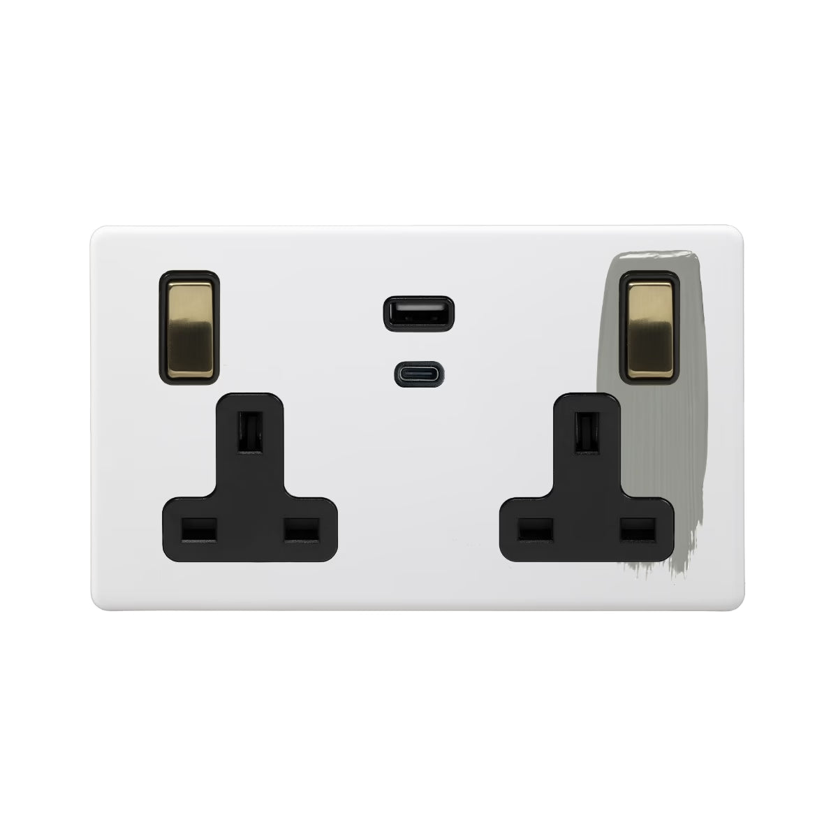 Soho Lighting 2 Gang & Super Fast Charge USB Ports A+C Socket Paintable with Brushed Brass Finish and Black Insert Uneeka