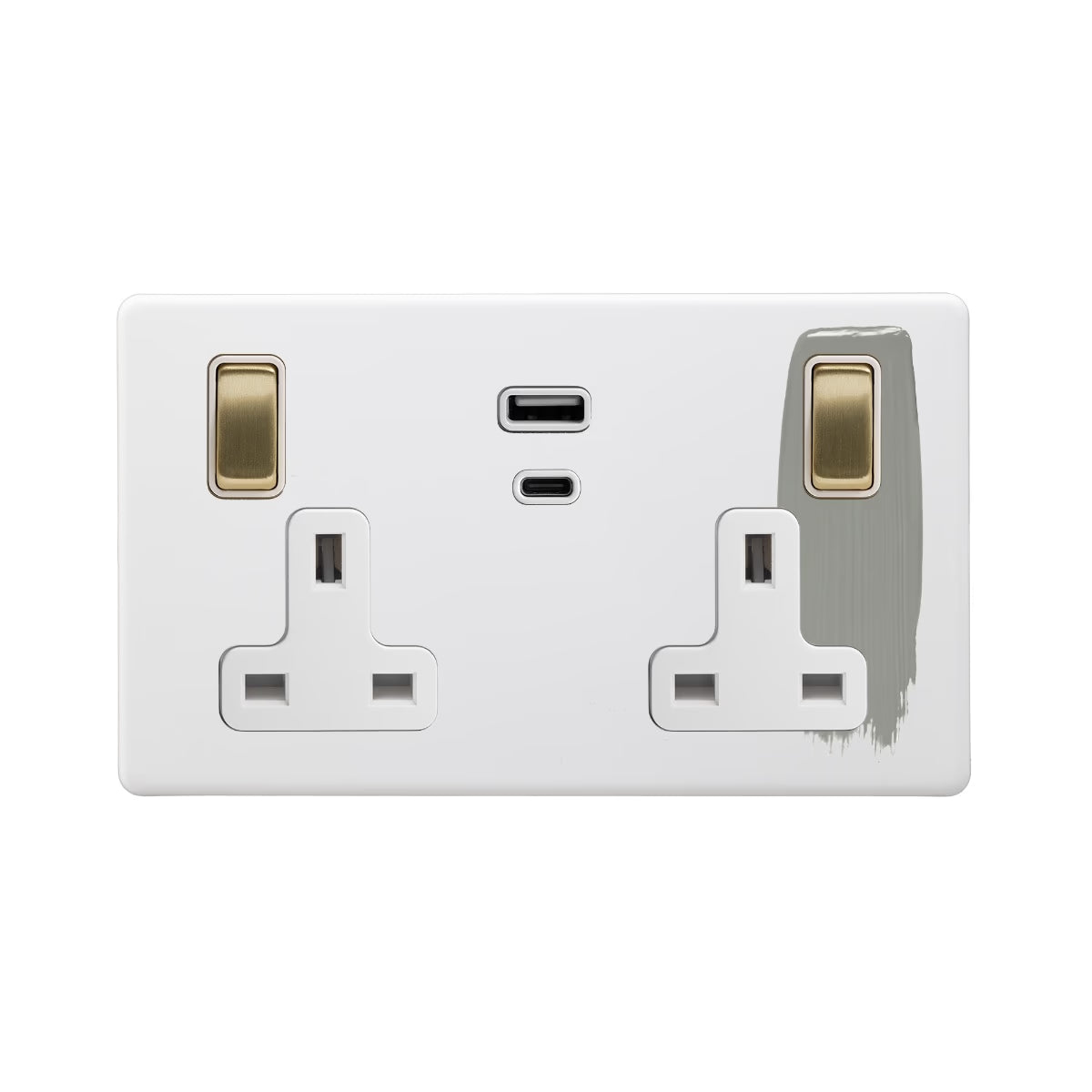 Soho Lighting 2 Gang & Super Fast Charge USB Ports A+C Socket Paintable with Brushed Brass and White Insert Uneeka