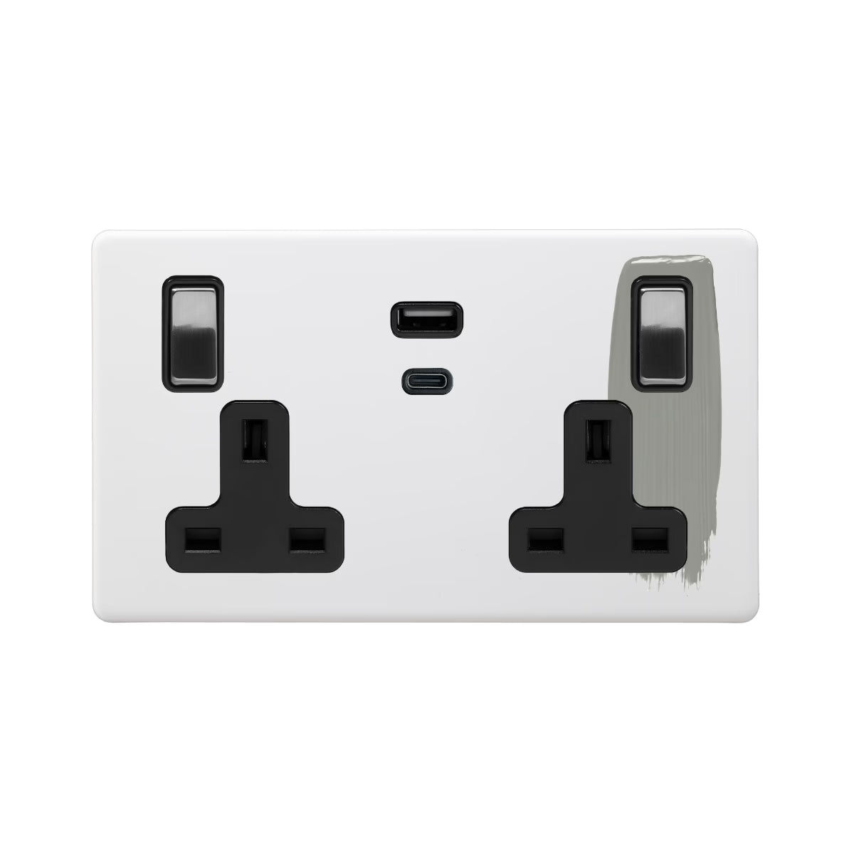 Soho Lighting 2 Gang & Super Fast Charge USB Ports A+C Socket Paintable with Brushed Chrome & Black Insert Uneeka