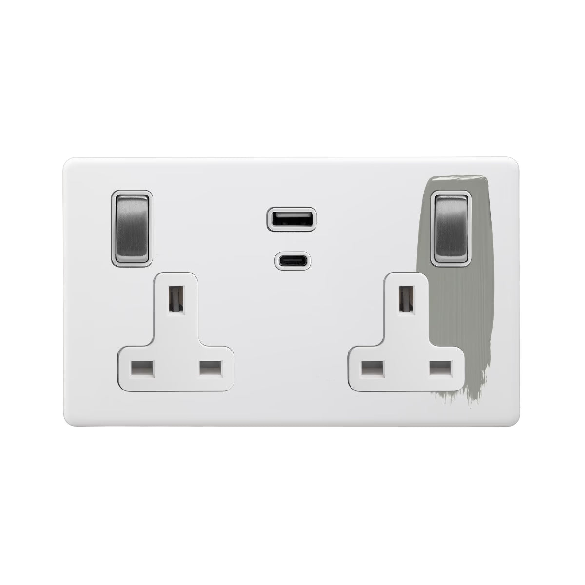 Soho Lighting 2 Gang & Super Fast Charge USB Ports A+C Socket Paintable with Brushed Chrome & White Insert Uneeka