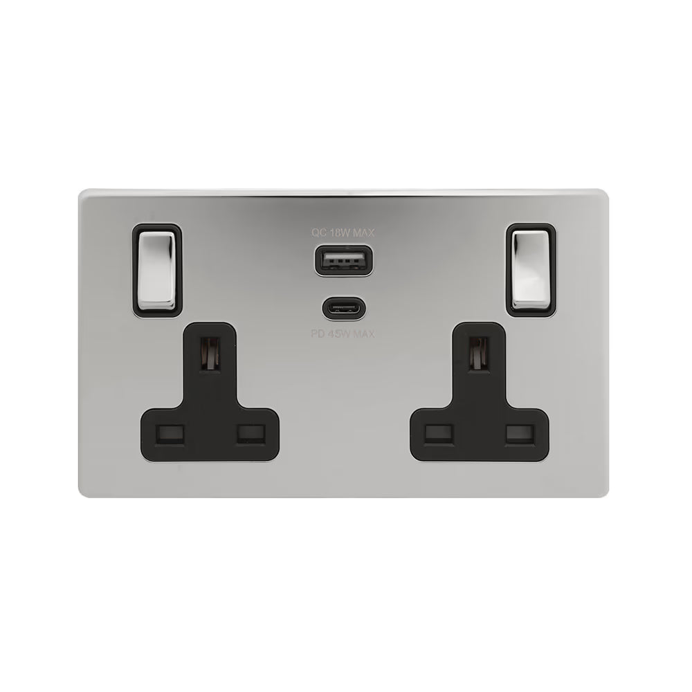 Soho Lighting 2 Gang & Super Fast Charge USB Ports A+C Socket Polished Chrome with Black Insert Uneeka