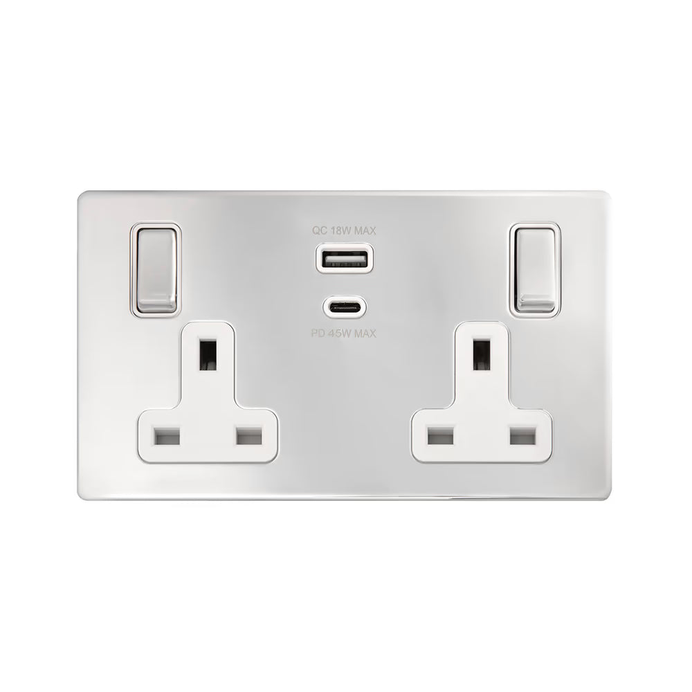 Soho Lighting 2 Gang & Super Fast Charge USB Ports A+C Socket polished Chrome with White Insert Uneeka