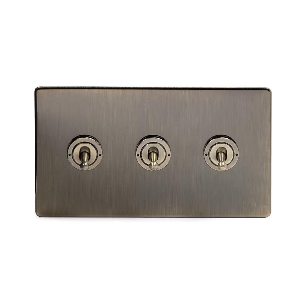 Soho Lighting 3 Gang 2 Way Toggle Switch  Antique Brass Screwless Finish Uneeka