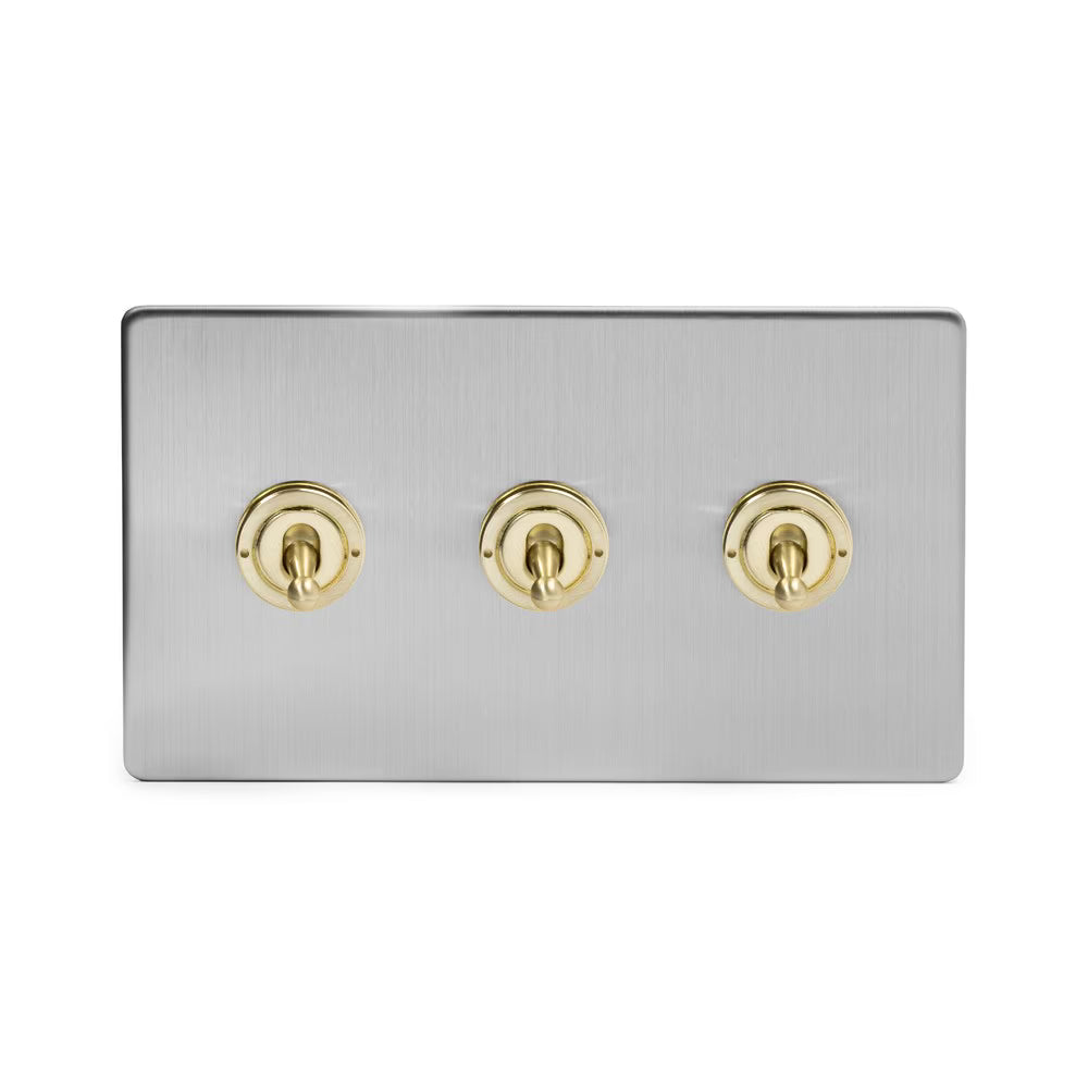 Soho Lighting 3 Gang 2 Way Toggle Switch - Brushed Chrome & Brushed Brass Uneeka