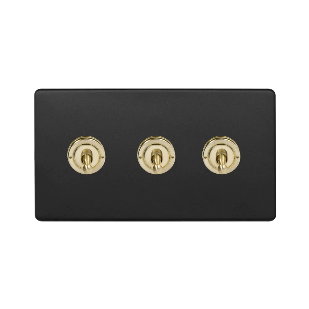 Soho Lighting 3 Gang 2 Way Toggle Switch - Matt Black & Brushed Brass Uneeka